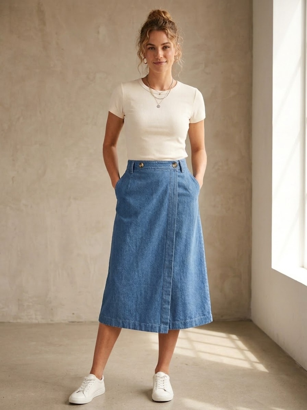 Vintage Willowbend Medium Blue Denim Wrap-Panel Midi Skirt, Buttons, Size 8